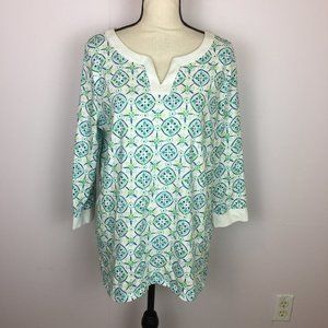 T by Talbots Knit Top Size X Womans White Blue Green Medallion Print 3/4 Sleeve